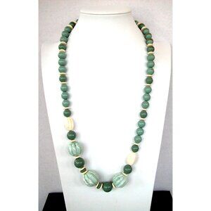 Vintage Green & Cream Beaded Necklace 26 inch